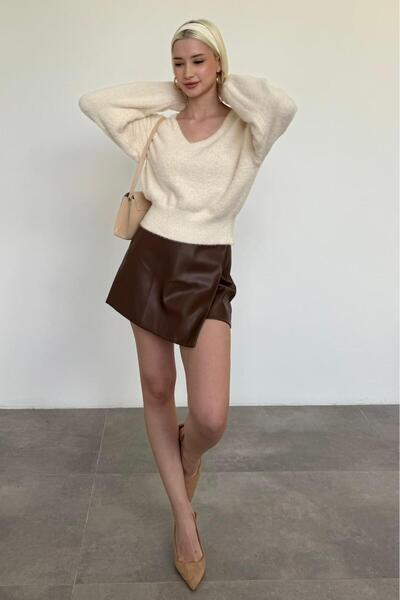 Madmext Vanilla V-Neck Soft Textured Women's Sweater Mg2499