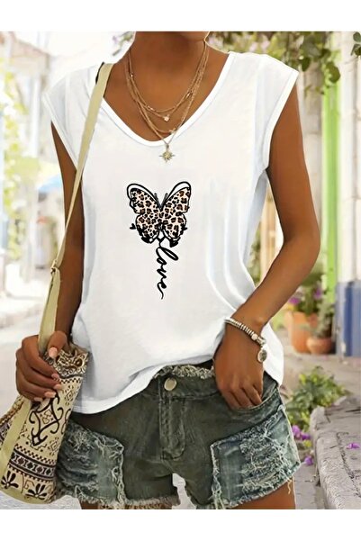 Deocept تي شيرت نسائي كبير الحجم بدون أكمام مطبوع عليه فراشة