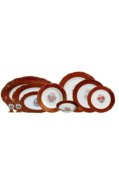 S CLAIRY S.Clairy Burgundy Edge Red Flowers 74 Parça 12 Kişilik Yemek Takımı