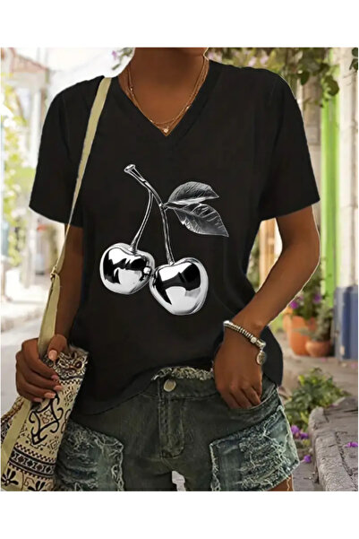 Deocept تي شيرت مطبوع عليه كرز كبير الحجم برقبة على شكل حرف V