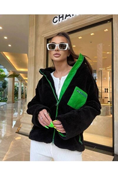 Aesco Women's Long Sleeve Colorful Pocket and Zipper Detail Plush Coat