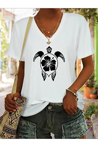 mercoledi TRICOU DE DAMĂ OVERSIZE CU GULER ÎN V CU IMPRIMEU TURTLE