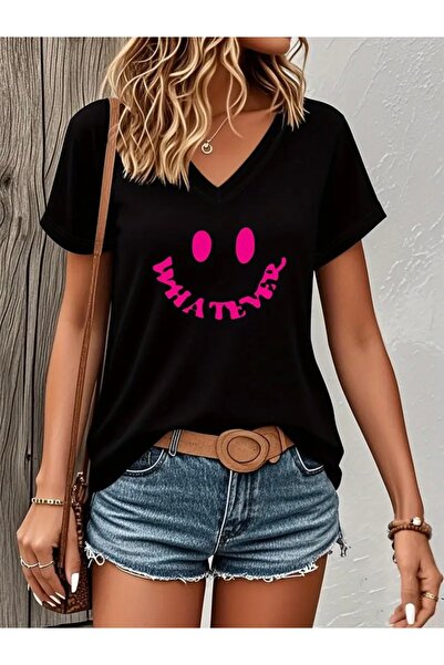 Deocept TRIOU DE FEMEI OVERSIZE CU Gât în ​​V CU PRINT WHATEVER SMILING FACE