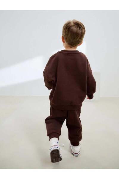 2kids2mom Milk print detailed brown 3 thread brushed fabric bottom top tracksuit set