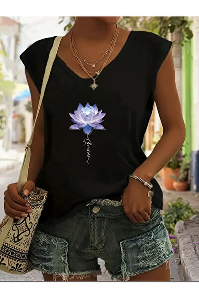 mercoledi تي شيرت نسائي كبير الحجم بدون أكمام مطبوع عليه زهرة اللوتس