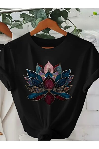 Deocept LOTUS ÇİÇEĞİ BASKILI OVERSİZE BİSİKLET YAKA T-SHİRT