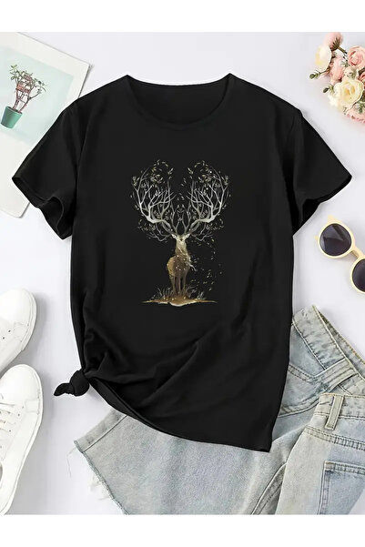 Deocept ALTIN GEYİK BASKILI OVERSİZE BİSİKLET YAKA T-SHİRT