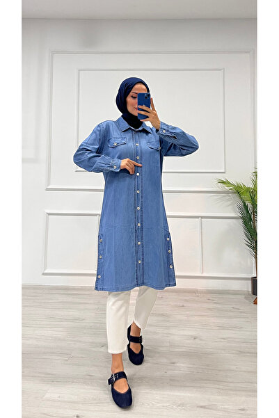 DESTEMODA Women's Side Button Detailed Denim Shirt Tunic Blue 4517