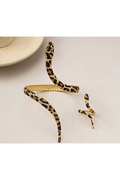 Visale Store Leopard Pattern Metal Snake Bracelet Ring Set
