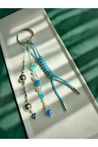 Handmade Mavi taşlı boncuklu çanta charmı anahtarlık çanta süsü