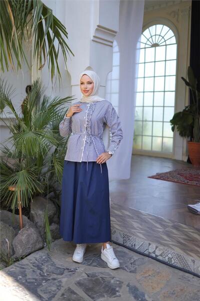 Bwest Belted Lace-Up Ruffled Detail Shirt - Skirt Set - (38-46) - 71303 - Navy Blue