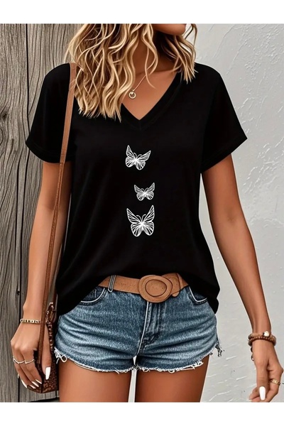 Deocept Butterfly Printed Women's Oversize V-Neck T-Shirt