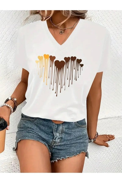 Deocept تي شيرت نسائي كبير الحجم برقبة على شكل حرف V مطبوع عليه قلوب ذائبة