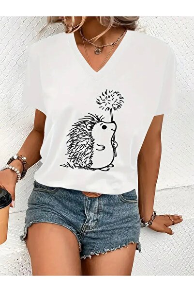 mercoledi Oversize V-Neck T-Shirt with Crow Printed for Women