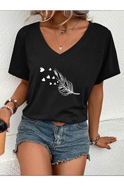 Deocept تي شيرت برقبة على شكل حرف V من الريش على شكل قلب