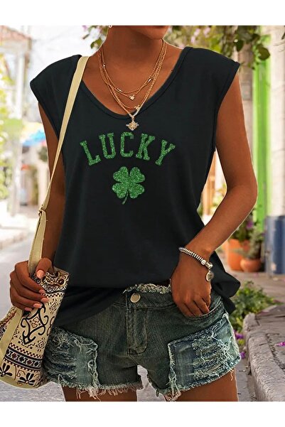 Deocept تي شيرت نسائي بدون أكمام مطبوع عليه برسيم محظوظ