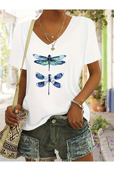 Deocept تي شيرت نسائي كبير الحجم برقبة على شكل حرف V مطبوع عليه YUSUFÇUK