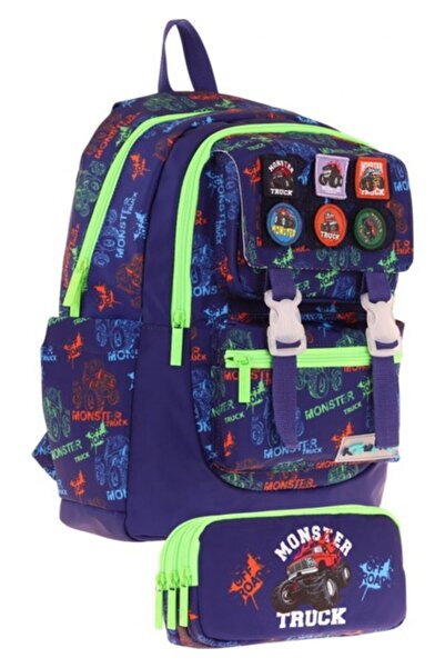 KAUKKO Coat of Arms Truck Patterned School Bag + Pen Holder Set (L5279+L8279) Boy - Navy Blue Green