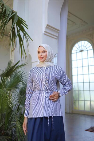 Bwest Belted Lace-Up Ruffled Detail Shirt - Skirt Set - (38-46) - 71303 - Navy Blue