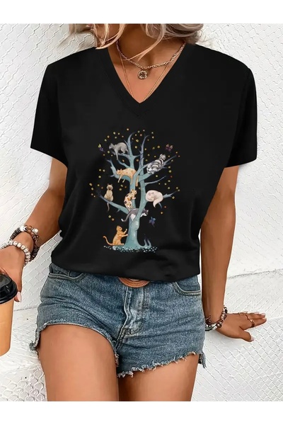 Deocept تي شيرت نسائي كبير الحجم برقبة على شكل حرف V مطبوع عليه TREE & CAT