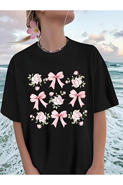 Deocept تي شيرت برقبة دائرية كبيرة الحجم مطبوع عليه شريط وزهور