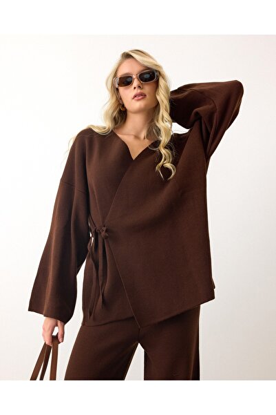 Lusin Women's Brown Stylish Lace-Up Kimono Cardigan Pants Bottom Top Double Knitwear Set