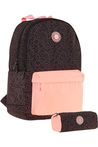 KAUKKO Girl's Cartoon Patterned Three-Compartment Elementary School Bag and Pencil Case Set - Black Salmon