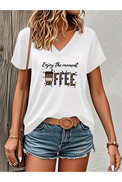 Deocept Enjoy Coffee Printed Women's Oversize V-Neck T-Shirt