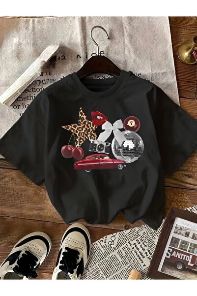 Deocept VİNTAGE ARABA DİSCO TOPU KİRAZ BASKILI OVERSİZE TİŞÖRT