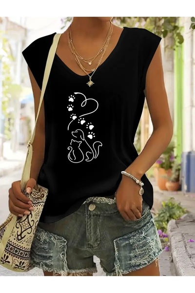 Deocept تي شيرت نسائي كبير الحجم بدون أكمام مطبوع عليه Cat&dog