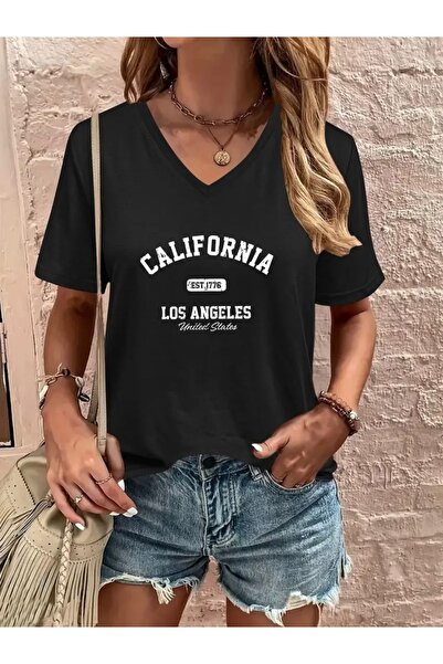 mercoledi تي شيرت نسائي مطبوع عليه كاليفورنيا لوس أنجلوس برقبة على شكل حرف V