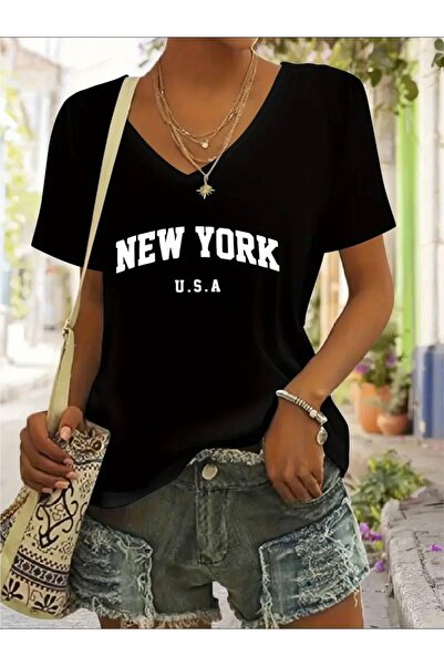 Deocept تي شيرت نيو يورك الولايات المتحدة الأمريكية مطبوع برقبة على شكل حرف V...