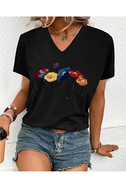 Deocept V-Neck Flowers Printed Oversize T-Shirt