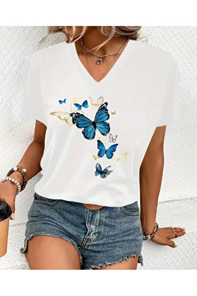 mercoledi تي شيرت كبير الحجم مطبوع عليه فراشات زرقاء برقبة على شكل حرف V