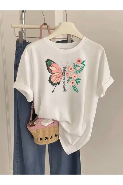 Deocept Tricou supradimensionat cu decolteu cu imprimeu BELIEVE IN YOURSELF