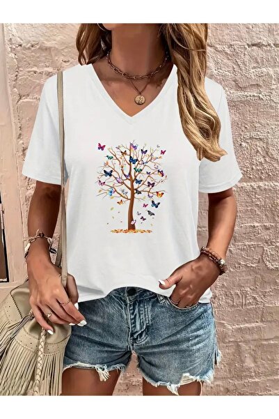 Deocept Butterfly Tree Printed Women's Oversize V-Neck T-Shirt