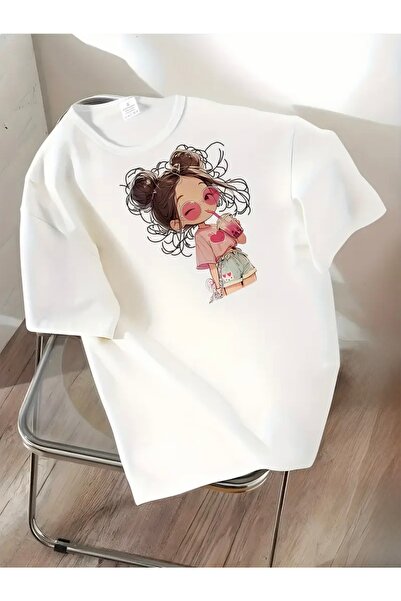 Deocept تي شيرت برقبة دائرية كبيرة الحجم مطبوع عليه GİRL