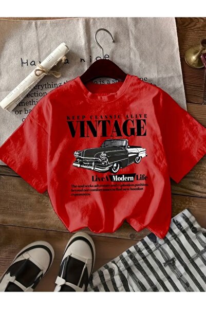 Deocept تي شيرت برقبة دائرية كبيرة الحجم مطبوع عليه سيارة عتيقة