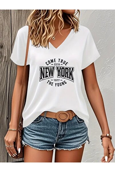 mercoledi TRICOU DE DAMĂ OVERSIZE CU GULER ÎN V BROOKLYN NEW YORK