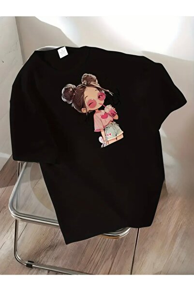 Deocept تي شيرت برقبة دائرية كبيرة الحجم مطبوع عليه GİRL