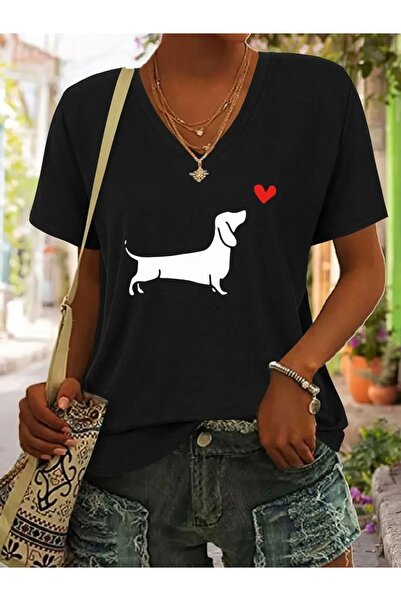 Deocept تي شيرت نسائي كبير الحجم برقبة على شكل حرف V مطبوع عليه قلب الكلب