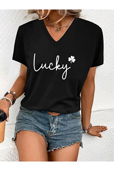 Deocept Lucky Printed Women's Oversize V-Neck T-Shirt