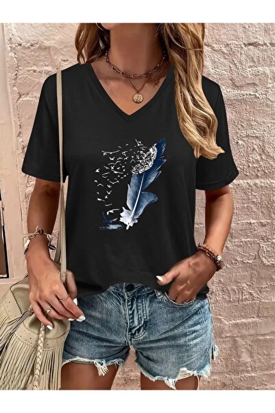 Deocept تي شيرت نسائي كبير الحجم برقبة على شكل حرف V مطبوع عليه ريش أزرق