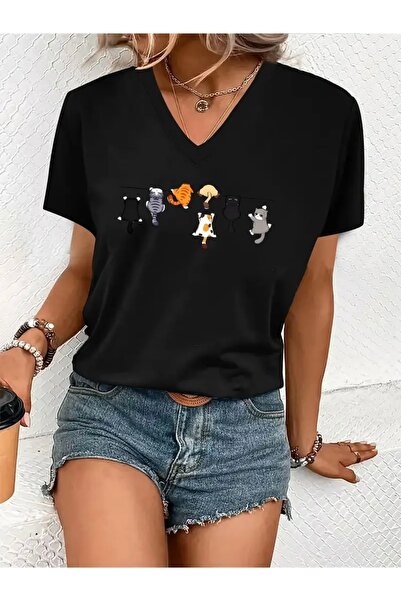 Deocept Small Cats Printed Women's Oversize V-Neck T-Shirt