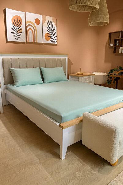 O&Co. ملاءة مطاطية مزدوجة من قماش رانفورس مقاس 160×200 + 2 غطاء وسادة