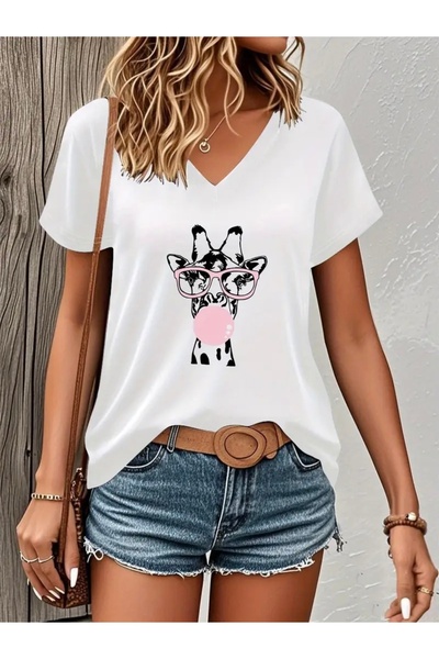 Deocept تي شيرت نسائي كبير الحجم برقبة على شكل حرف V مطبوع عليه زرافة مع نظارات