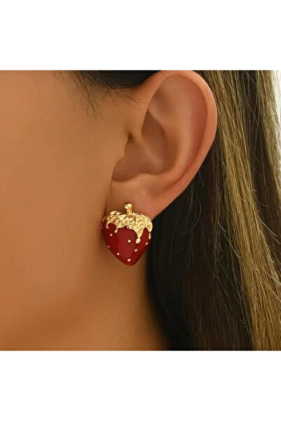 Just Pretty Corner Gold-Plated Strawberry Stud Earrings, Red Enamel, Fashion Jewellery