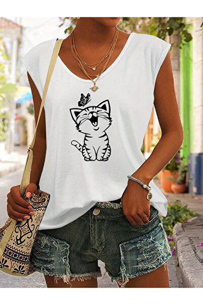 Deocept تي شيرت نسائي بدون أكمام مطبوع عليه قطة