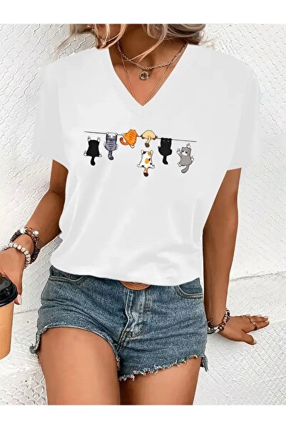 Deocept تي شيرت نسائي كبير الحجم برقبة على شكل حرف V مطبوع عليه قطط صغيرة