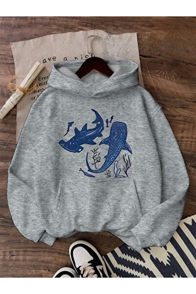 Deocept سويت شيرت بقلنسوة كبير الحجم مطبوع عليه سمكة زرقاء للجنسين